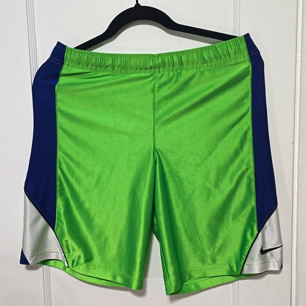 Nike. Mens Green, blue and white shorts. Size S. They have a tie inside.